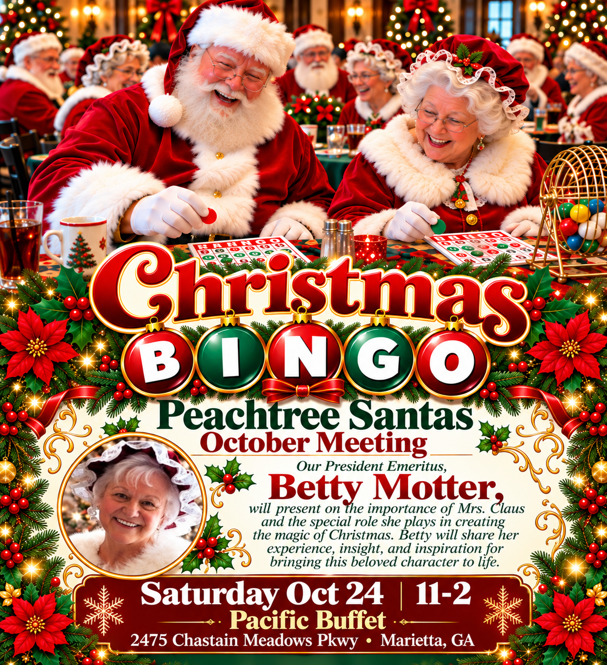 Peachtree Santas Christmas Bingo October meeting flyer, Saturday October 24, 11 AM to 2 PM, Pacific Buffet, Marietta, Georgia